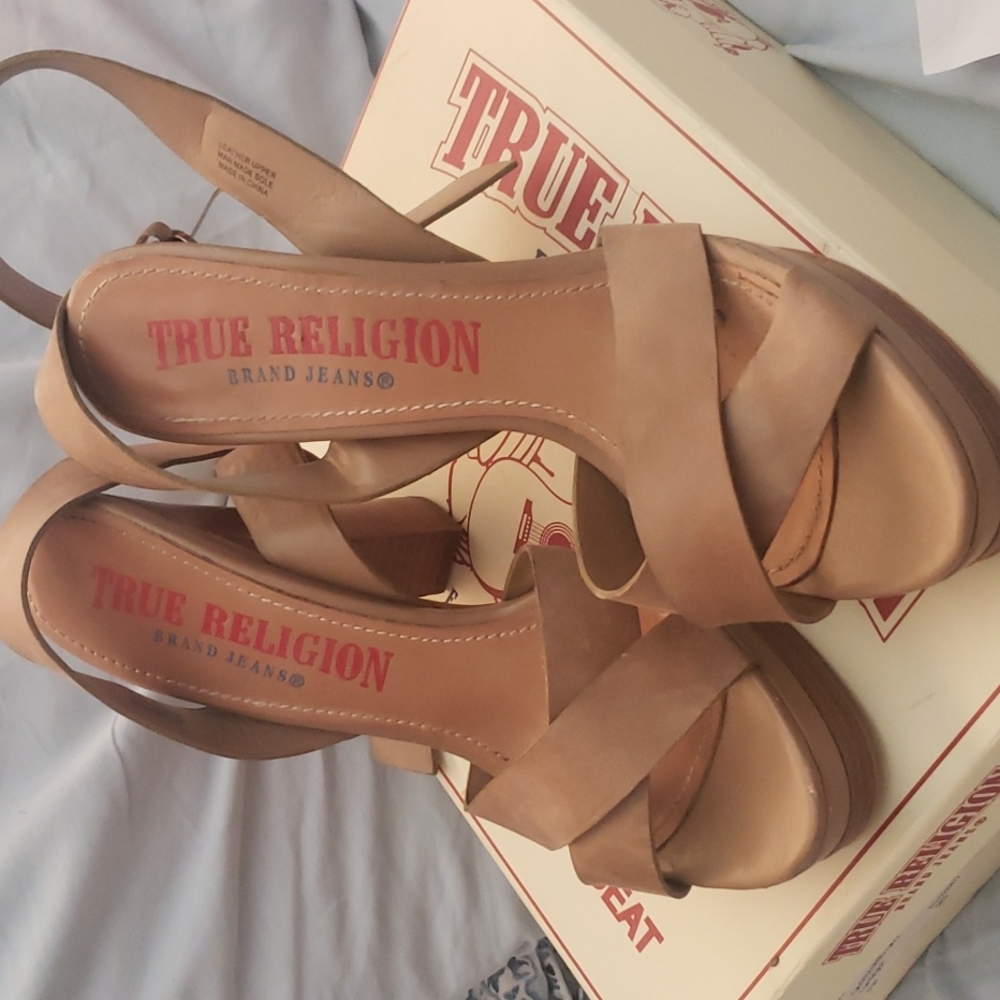 True Religion wrap around the ankle platform sandals